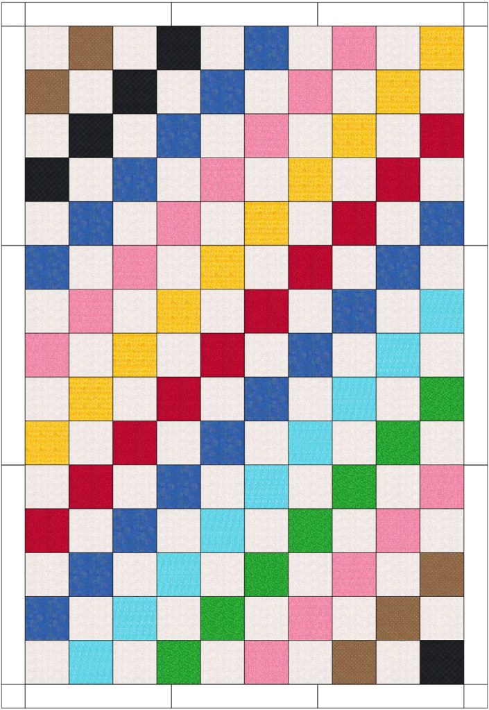 Ein am Computer erstelltes Schema einer Patchworkdecke zeigt 150 Quadrate und einen einfachen Rand um die Decke. Die Quadrate sind abwechselnd neutral und bunt. Die bunten Quadrate bilden dabei schräg laufende Reihen, von oben nach unten in folgenden Farben: braun, schwarz, blau, rosa, gelb, rot, blau, türkis, grün, rosa, braun, schwarz. So wird festgelegt, welche Kleidungsfarbe wo in der Decke auftauchen soll.