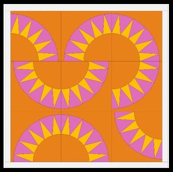 Auf einem orangefarbenen Hintergrund stehen pinkfarbene Viertelkreise, die von gelben Zacken unterteilt sind. Die Viertelkreise sind teilweise zu Halb- und Dreiviertelkreisen zusammengefügt, indem die einzelnen Elemente gedreht wurden. Es sind insgesamt 9 Viertelkreise zu sehen.